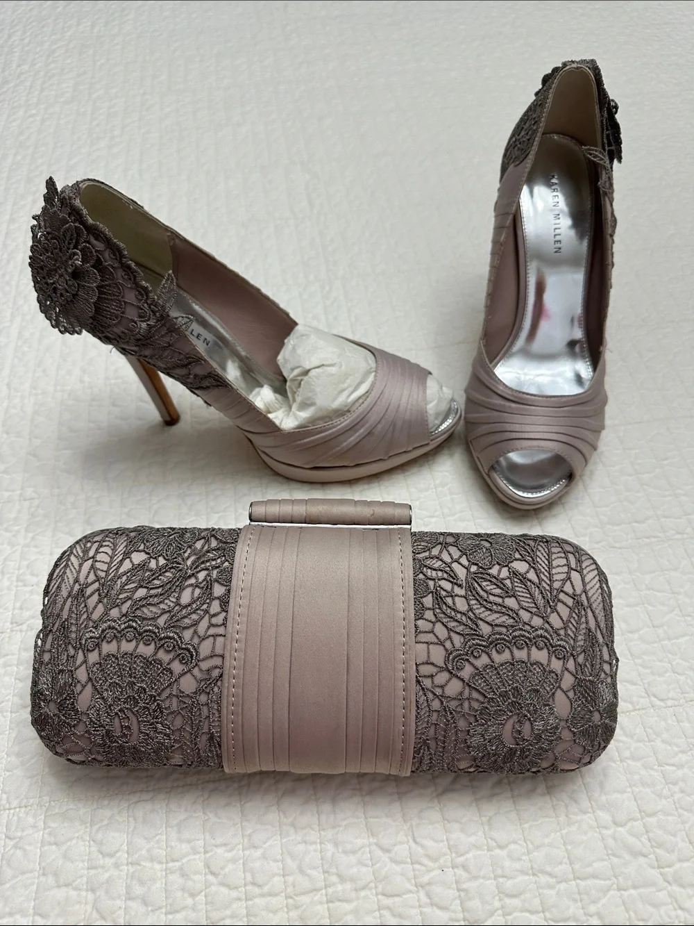 Karen Millen EU 39 US 8.5 Lace Heels & Matching Clutch Set Mauve Wedding Formal